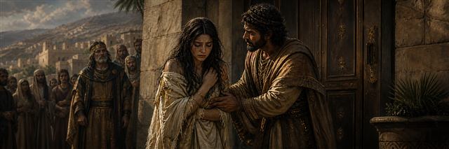 Absalom comforting Tamar outside a closed royal doorway